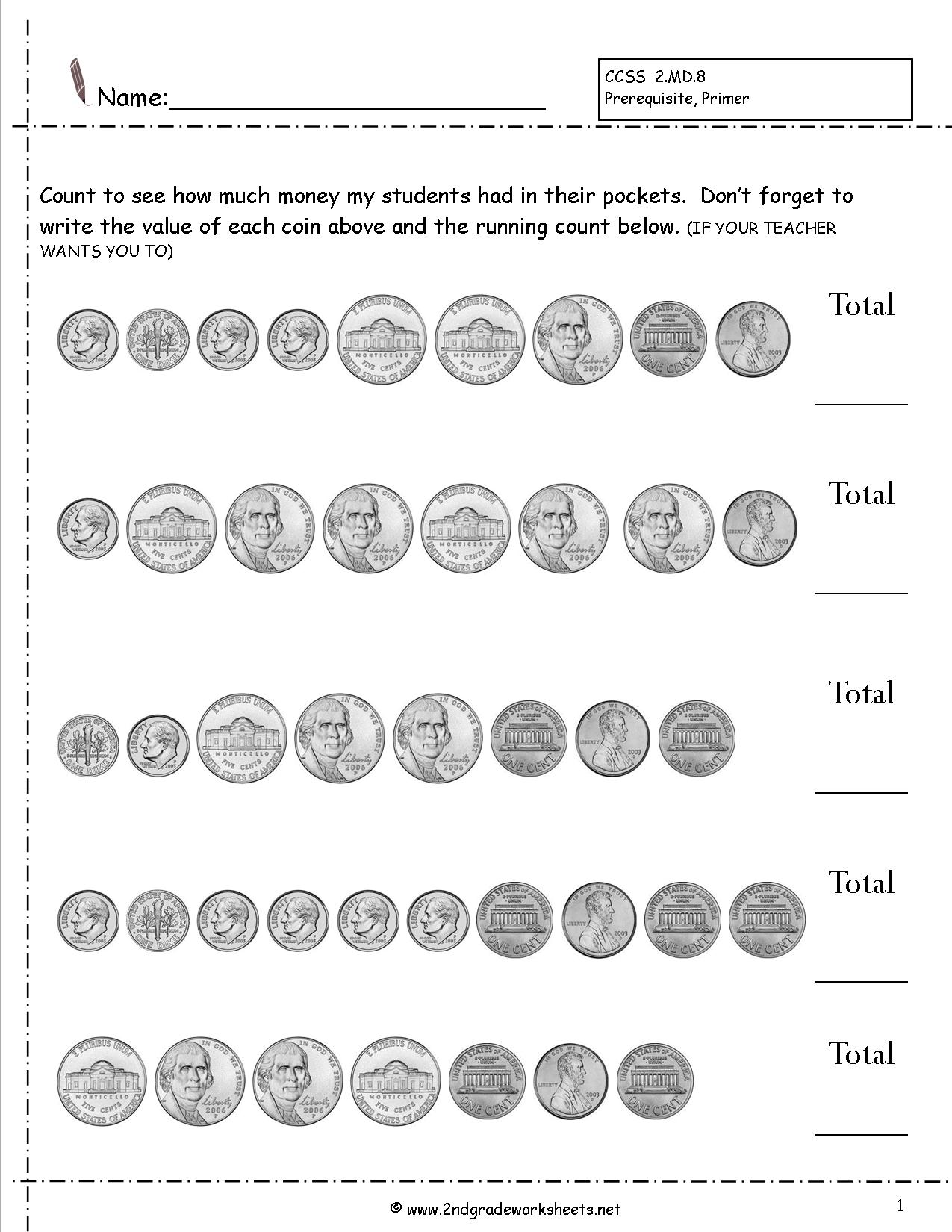 Free Printable Worksheets For Counting Money