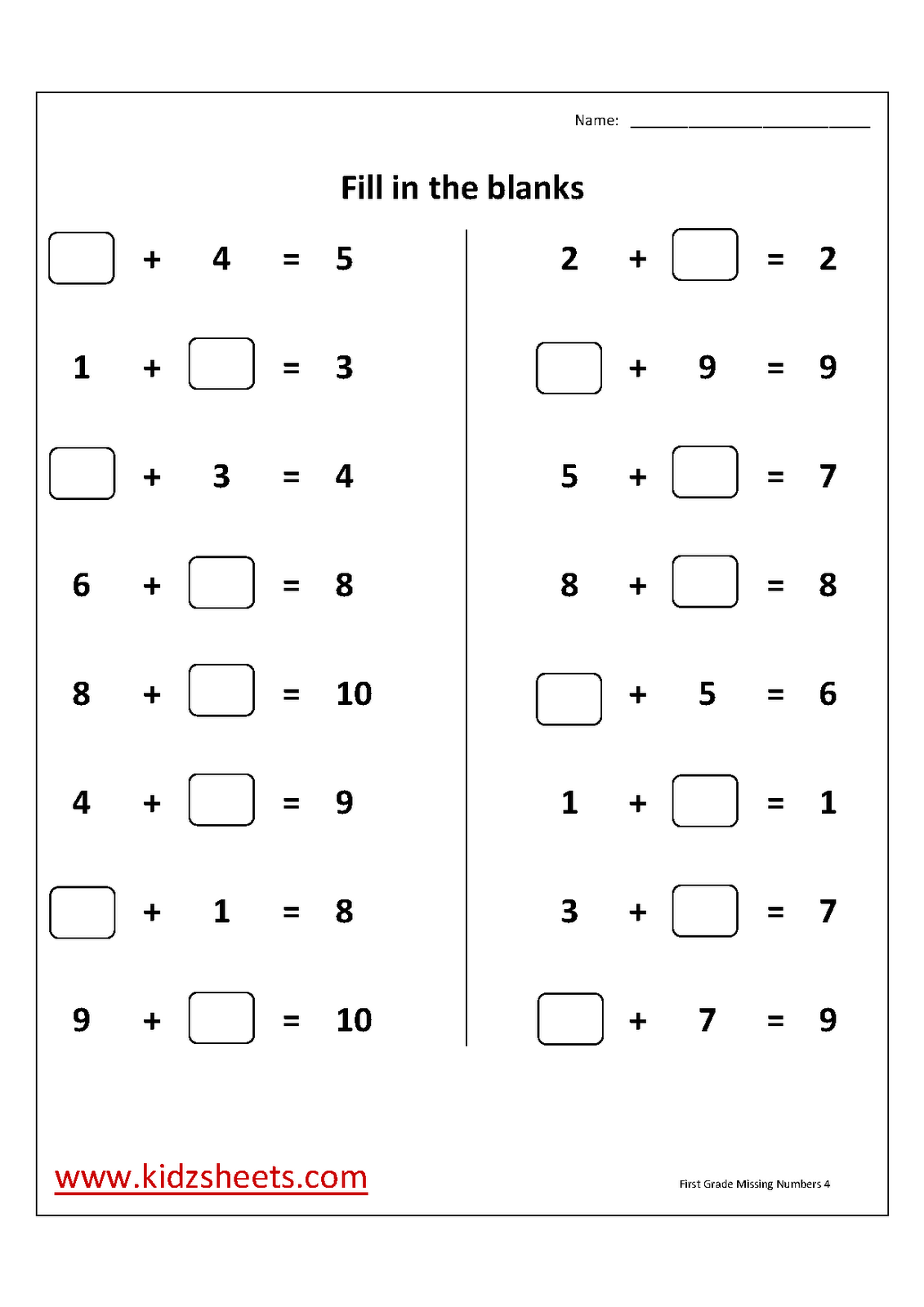 First Grade Missing Number Worksheets