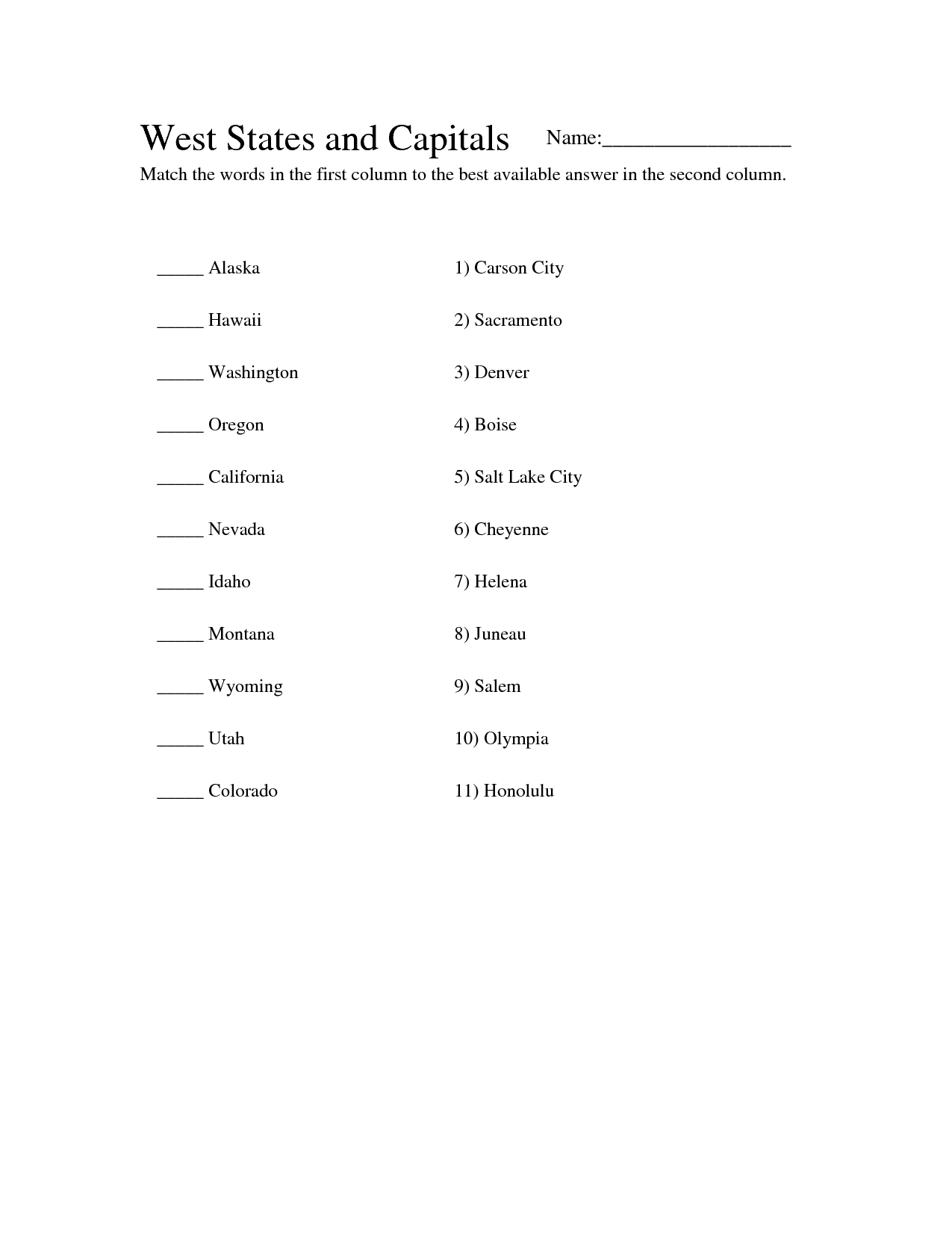 Midwest States and Capitals Worksheet
