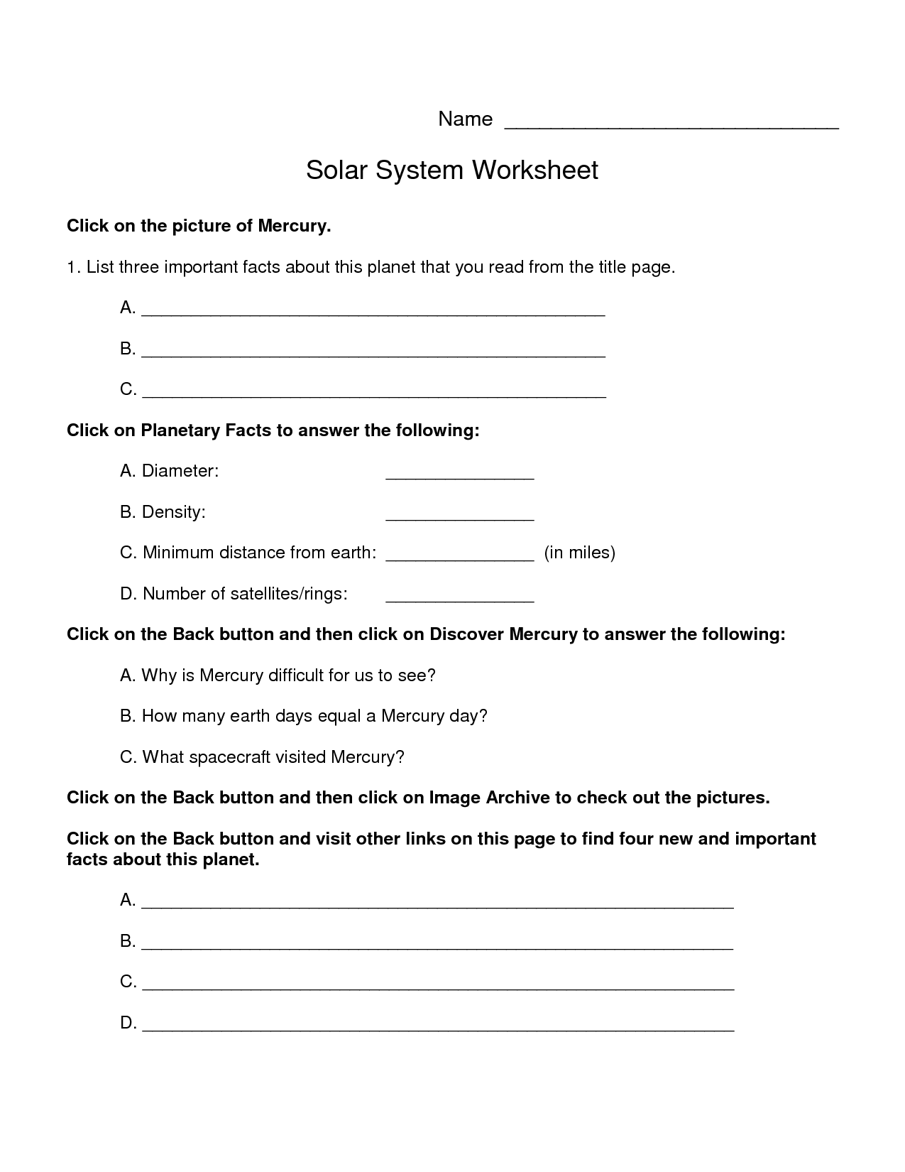 Solar System Worksheet
