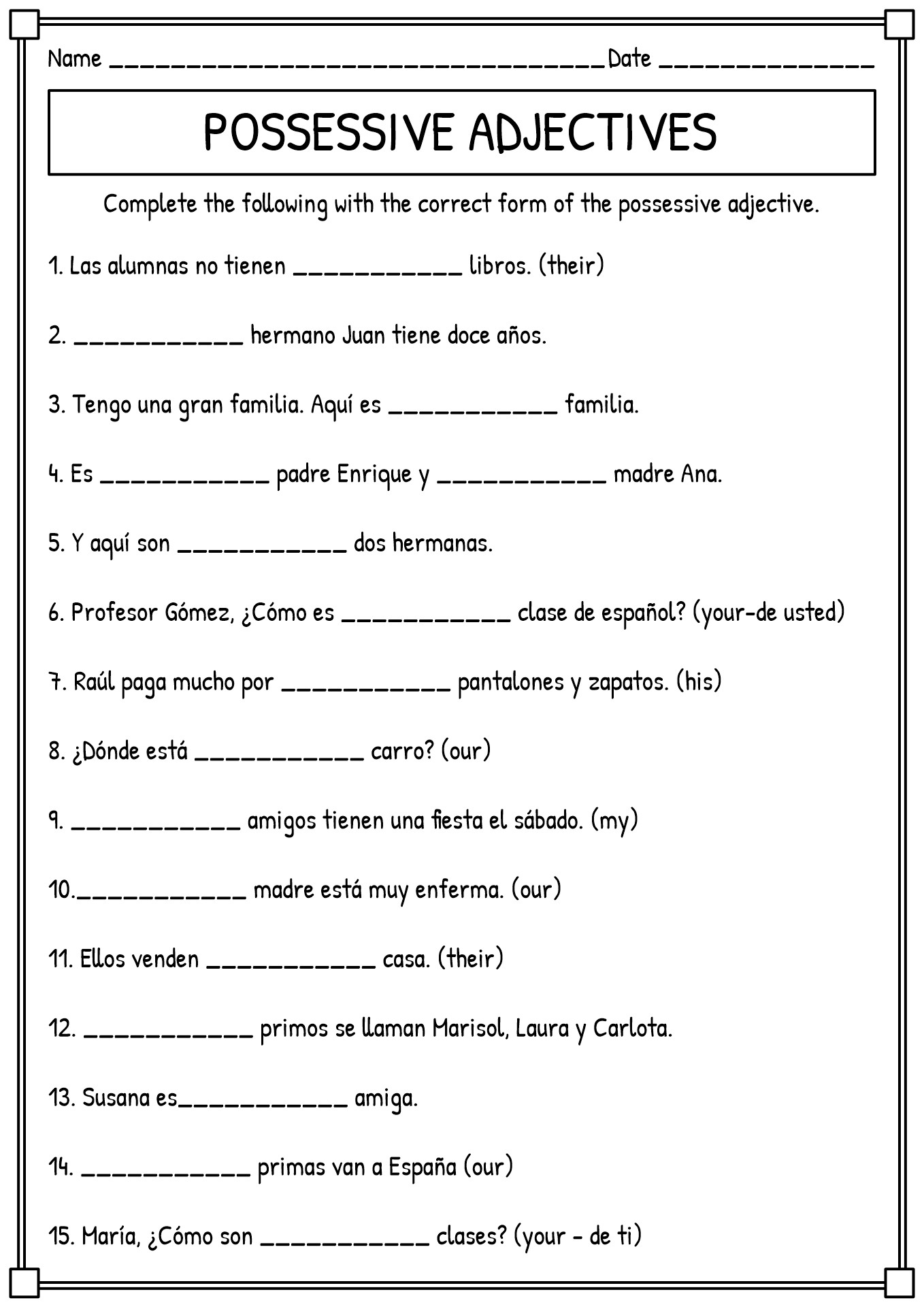 Spanish 1 Possessive Adjectives Worksheet