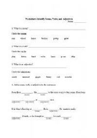 Identifying Nouns Verbs Adjectives Worksheets
