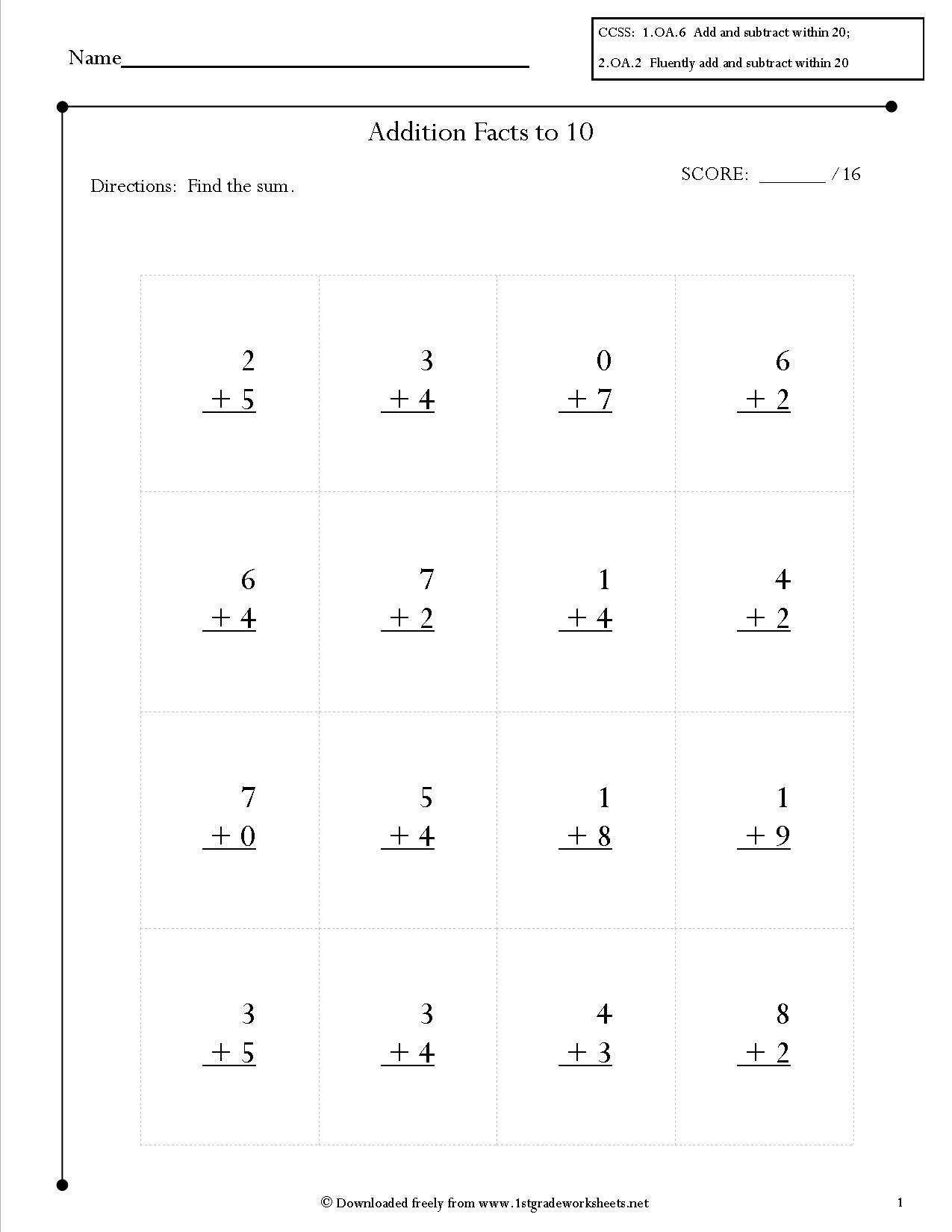 Addition Facts Worksheets