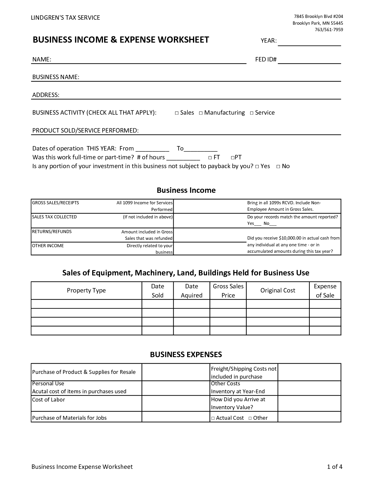 Business Income and Expense Worksheet
