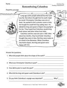 Columbus Day Reading Comprehension Worksheets