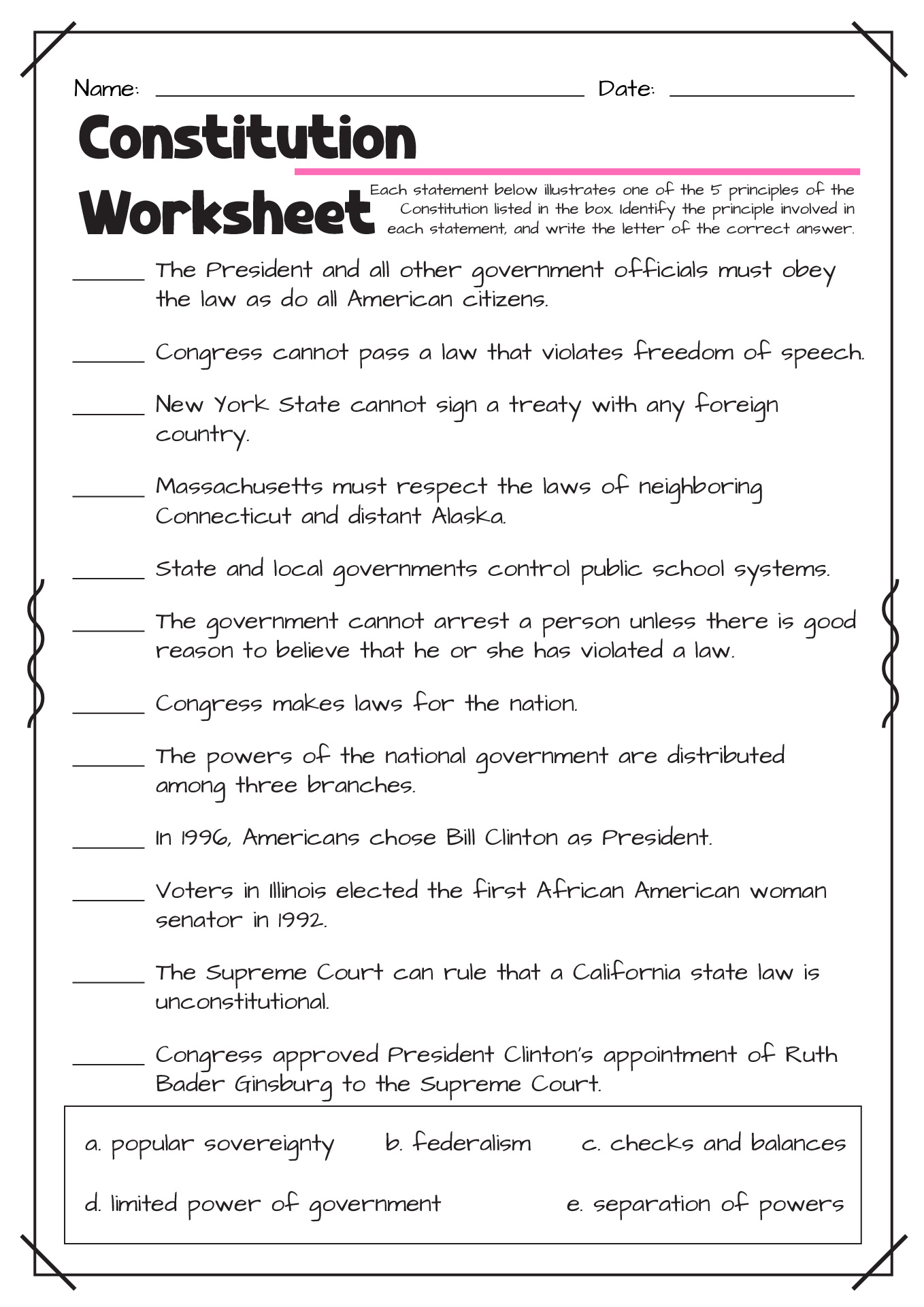 5th Grade Bill Of Rights Worksheet