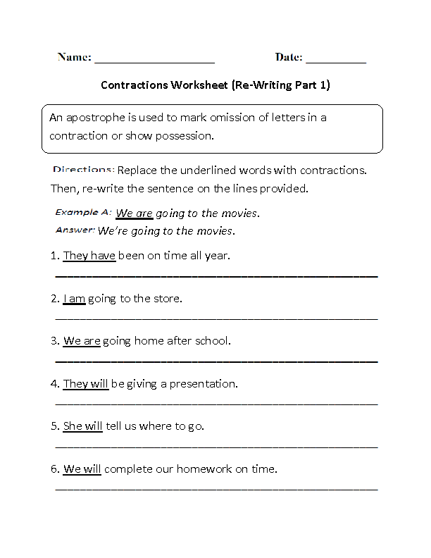 Contractions Sentences Worksheet