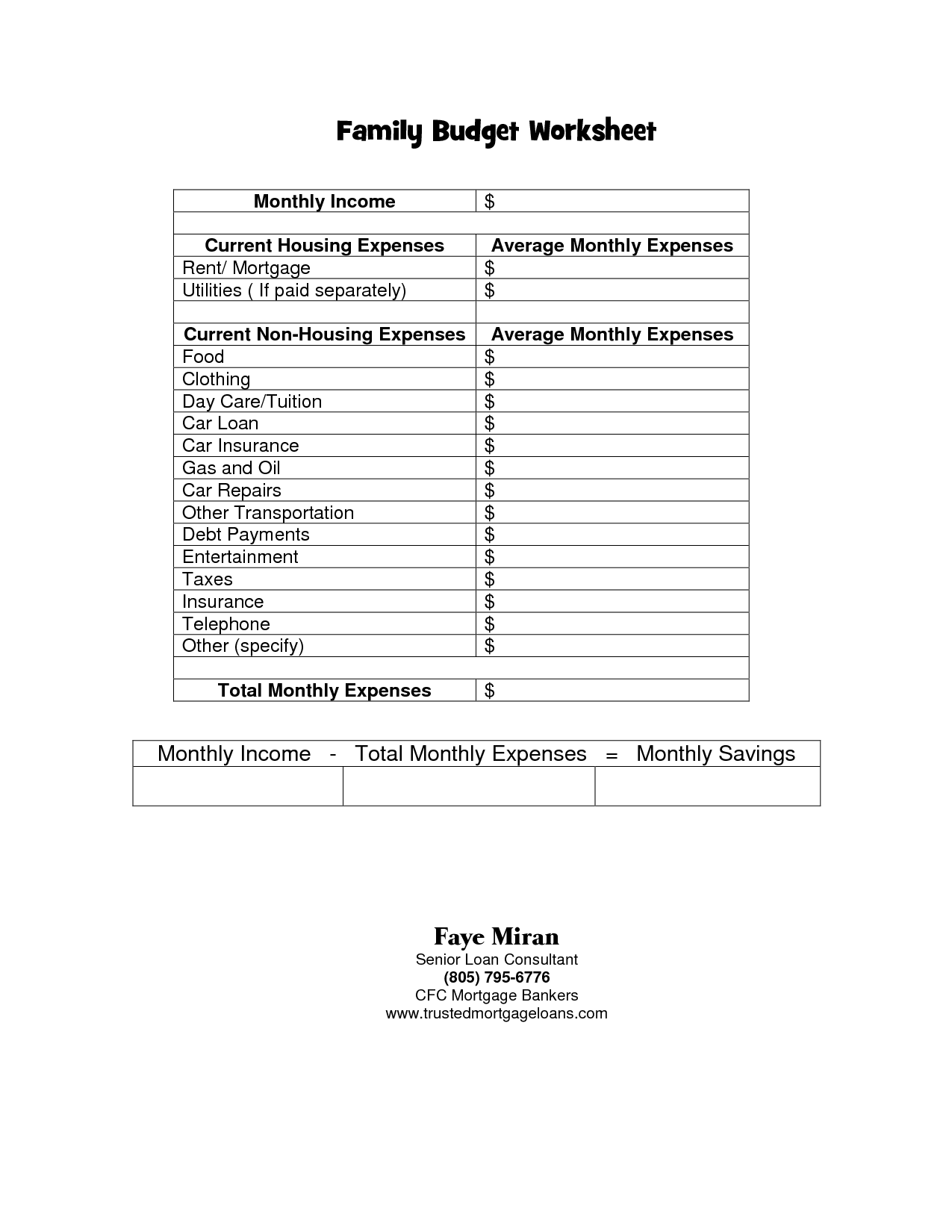 Family Budget Worksheet PDF