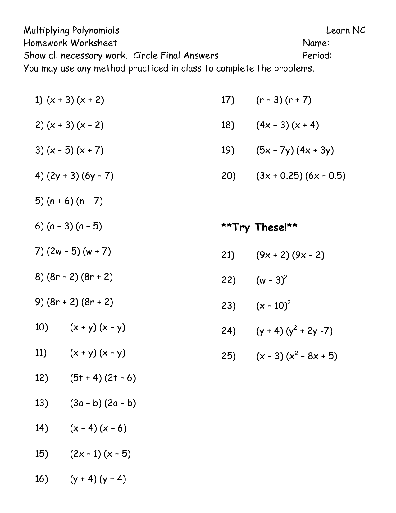 Homework Polynomials Worksheet