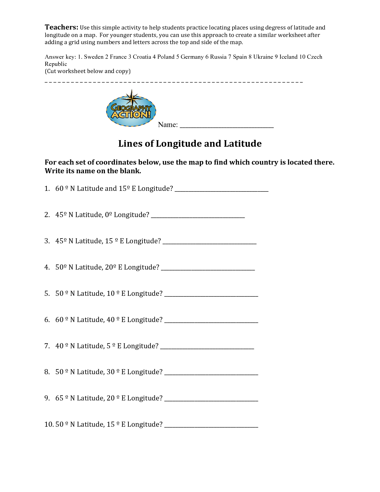Latitude and Longitude Worksheets Answers