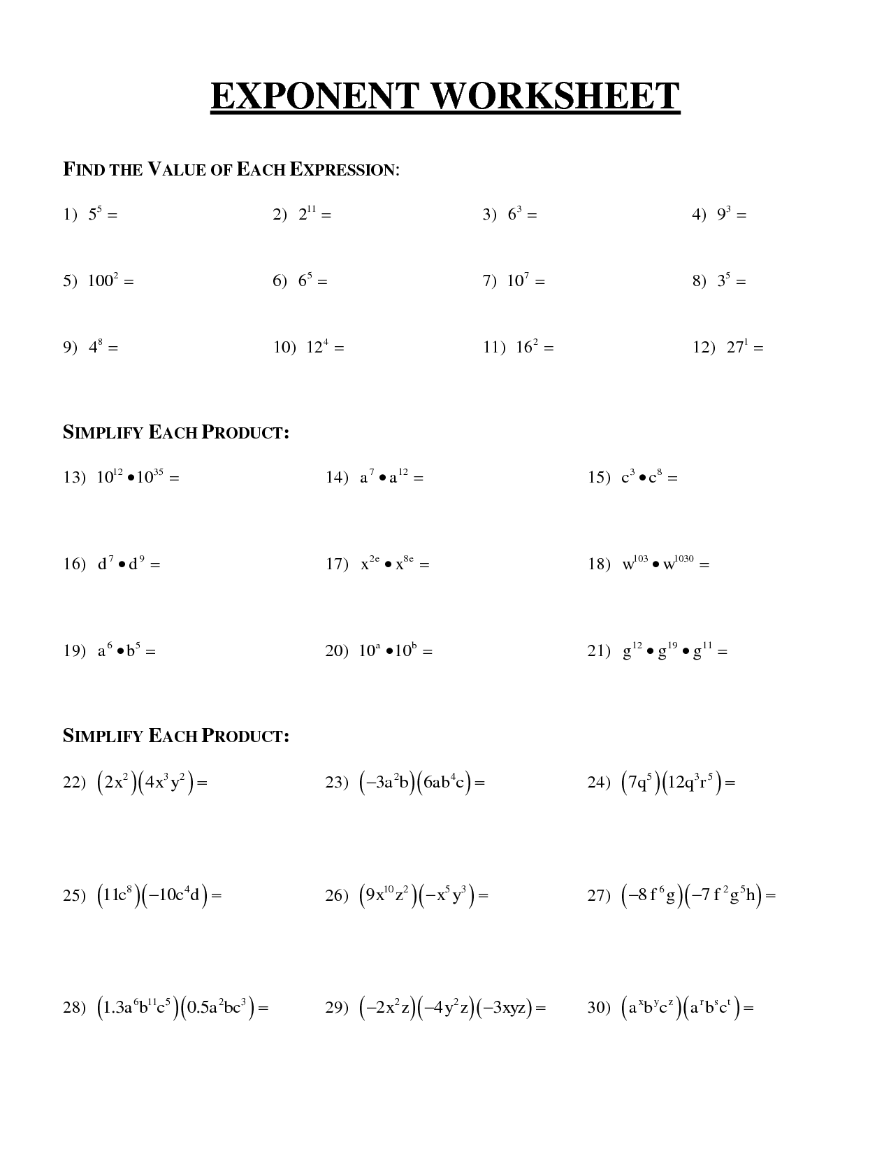 Negative Exponents Algebra 1 Worksheets