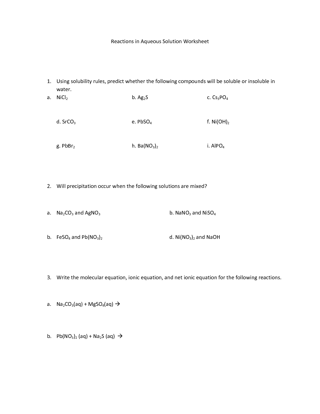 Reactions in Aqueous Solutions Worksheet