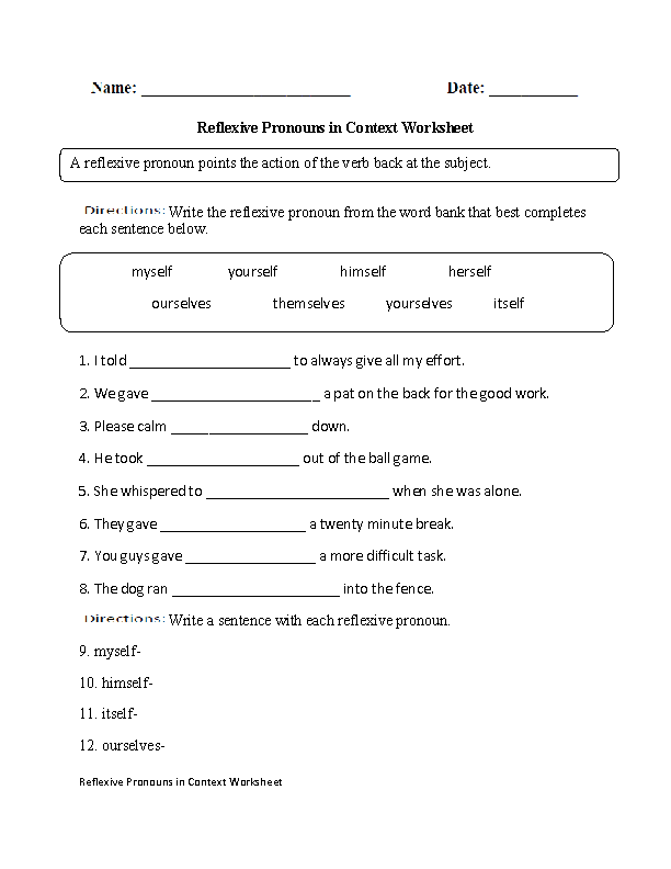 Reflexive Pronouns Worksheet 6th Grade