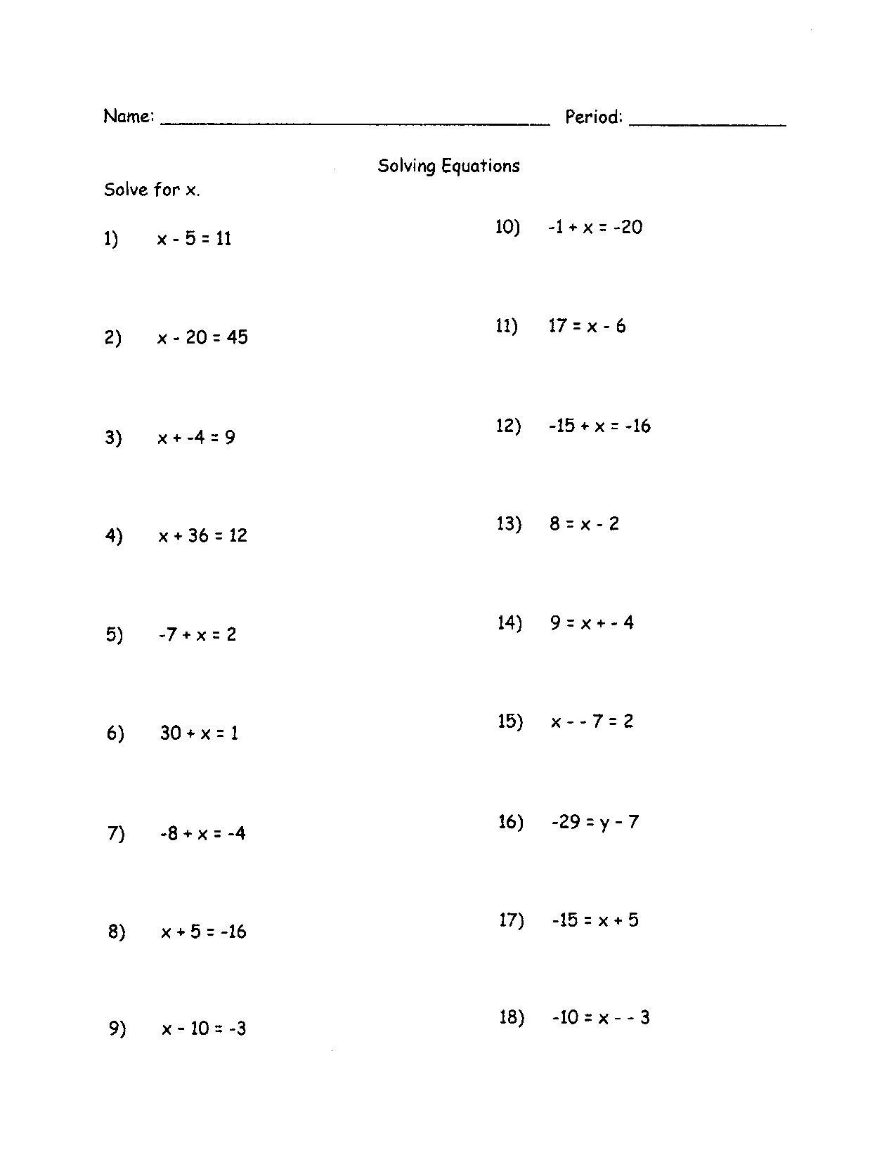 Solving Algebra Equations Worksheets