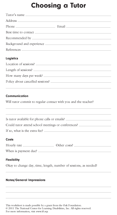 Tutoring and Learning Worksheet