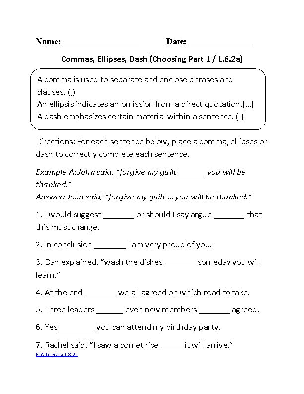 8th Grade Language Arts Free Printable Worksheets