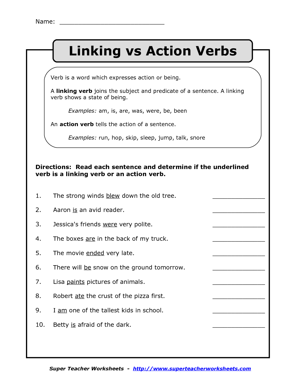 Identifying Action Linking And Helping Verbs Worksheet