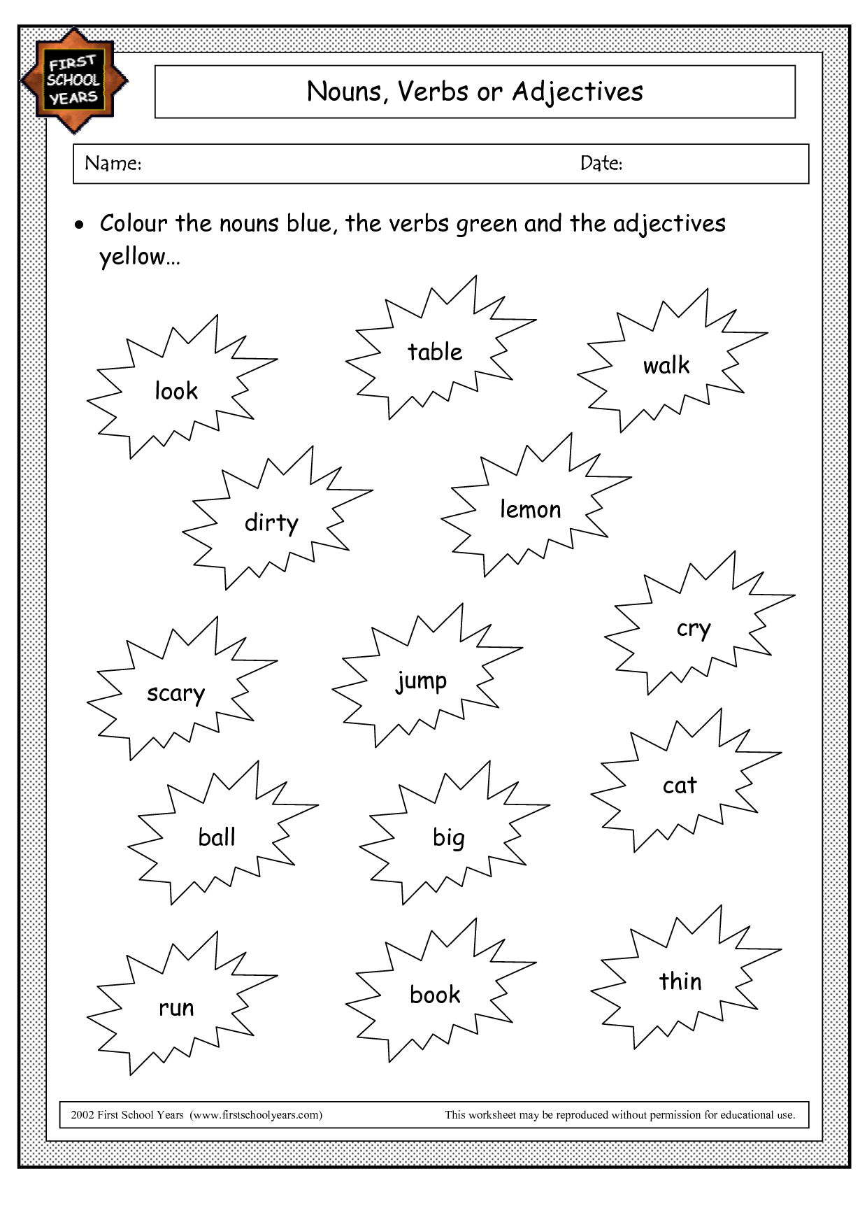 Color In The Noun Verb Adjective Worksheet