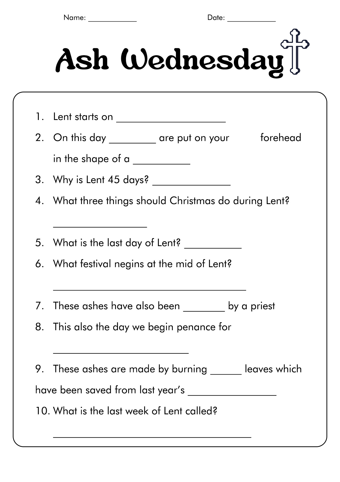 Catholic Free Printable Religious Worksheets