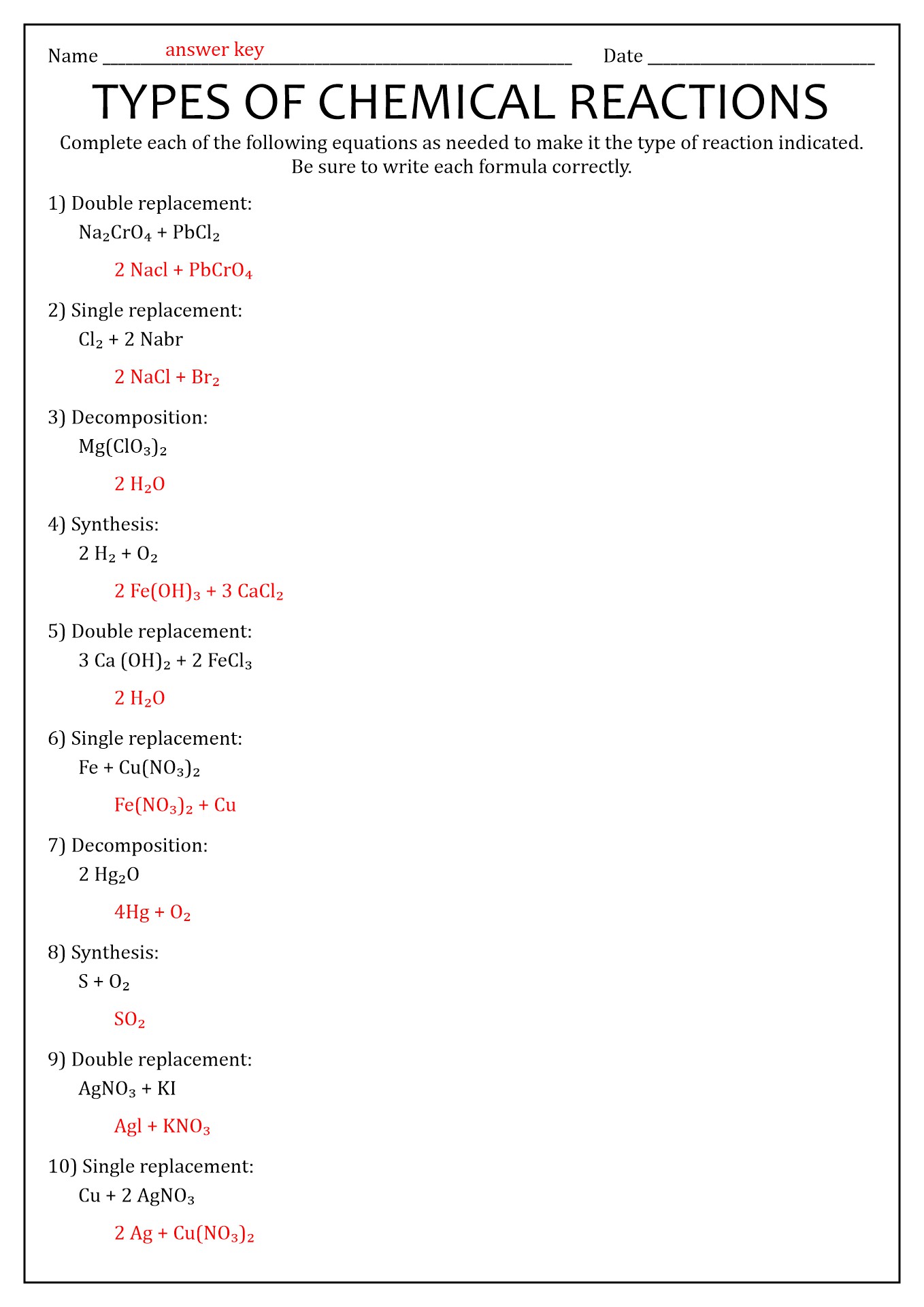 16 Best Images of Types Chemical Reactions Worksheets Answers  Types of Chemical Reactions 