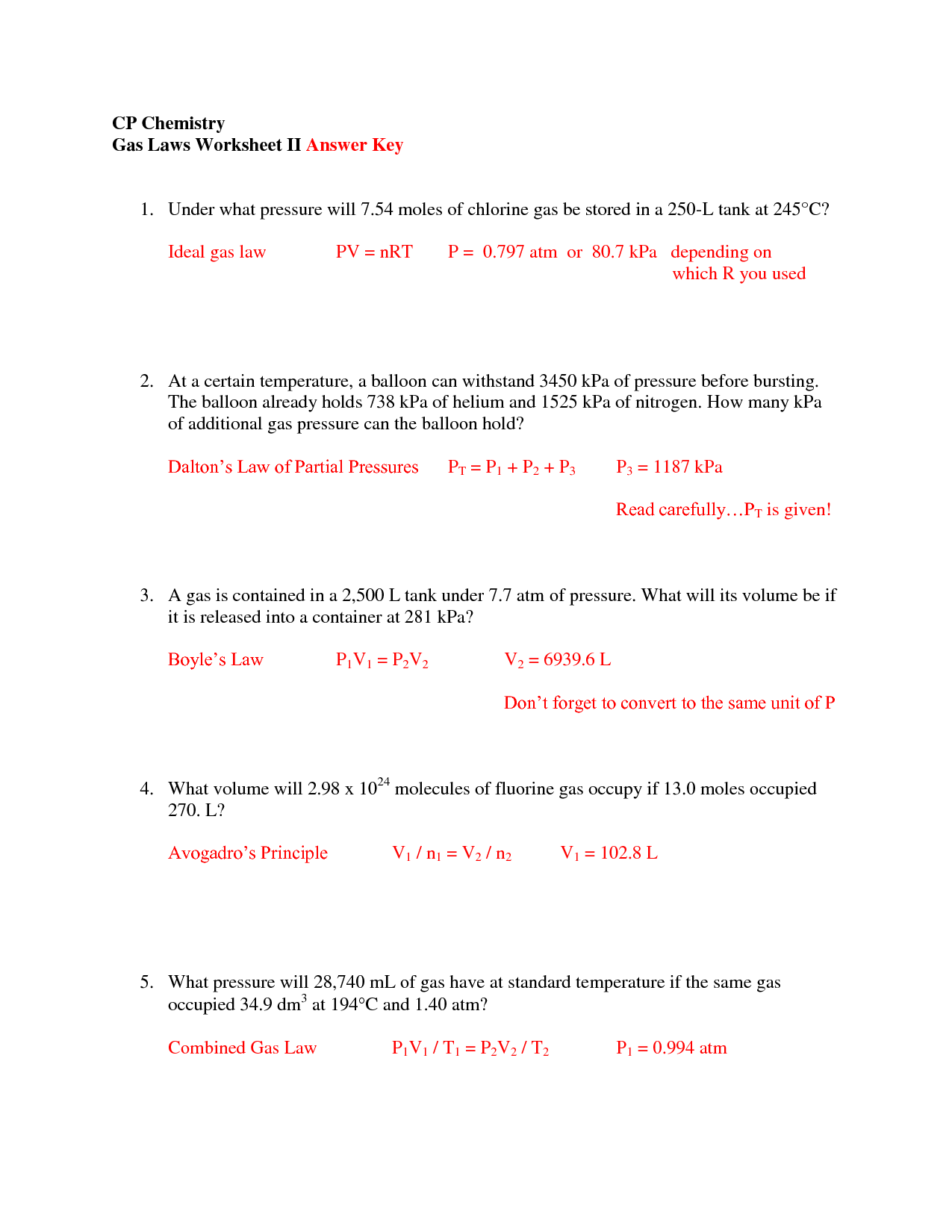 Chemistry Combined Gas Law Worksheet Answers