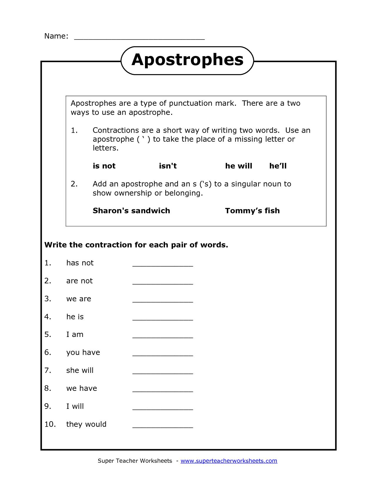 Singular Possessive Apostrophe Worksheet