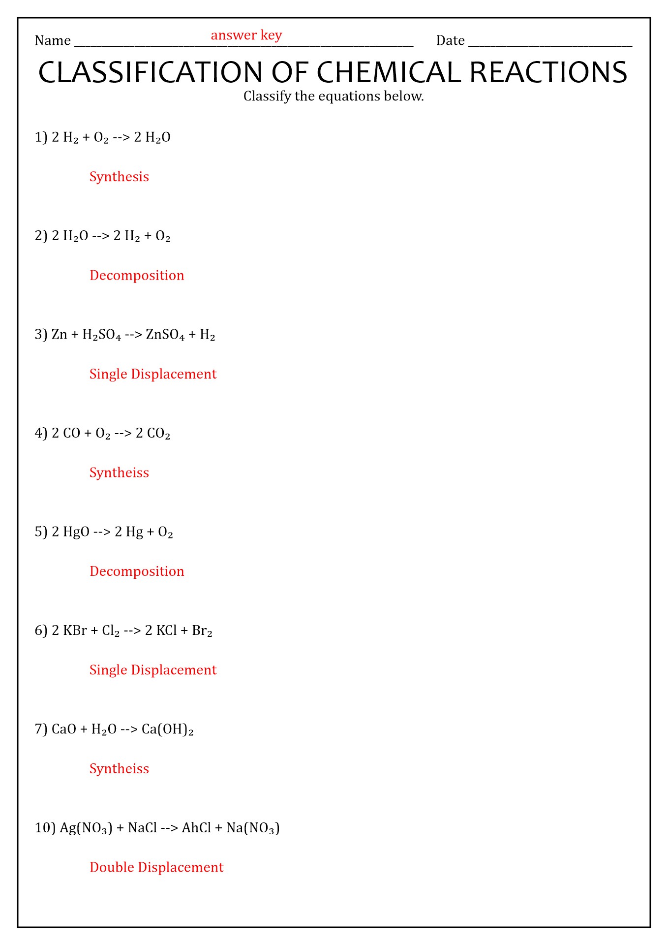 Predicting Products Of Chemical Reactions Worksheet Answer Key + My PDF