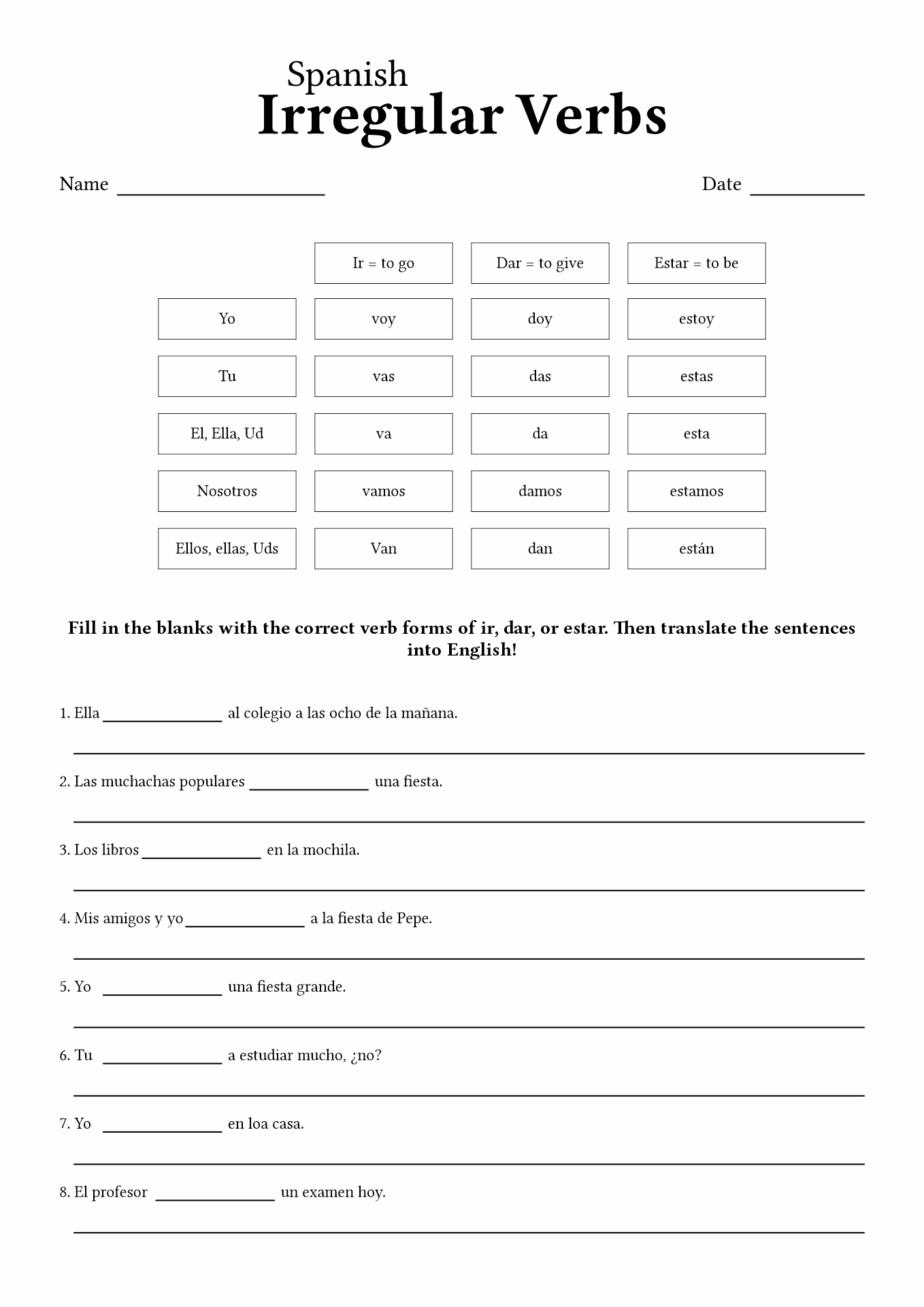 Spanish Verb Worksheet