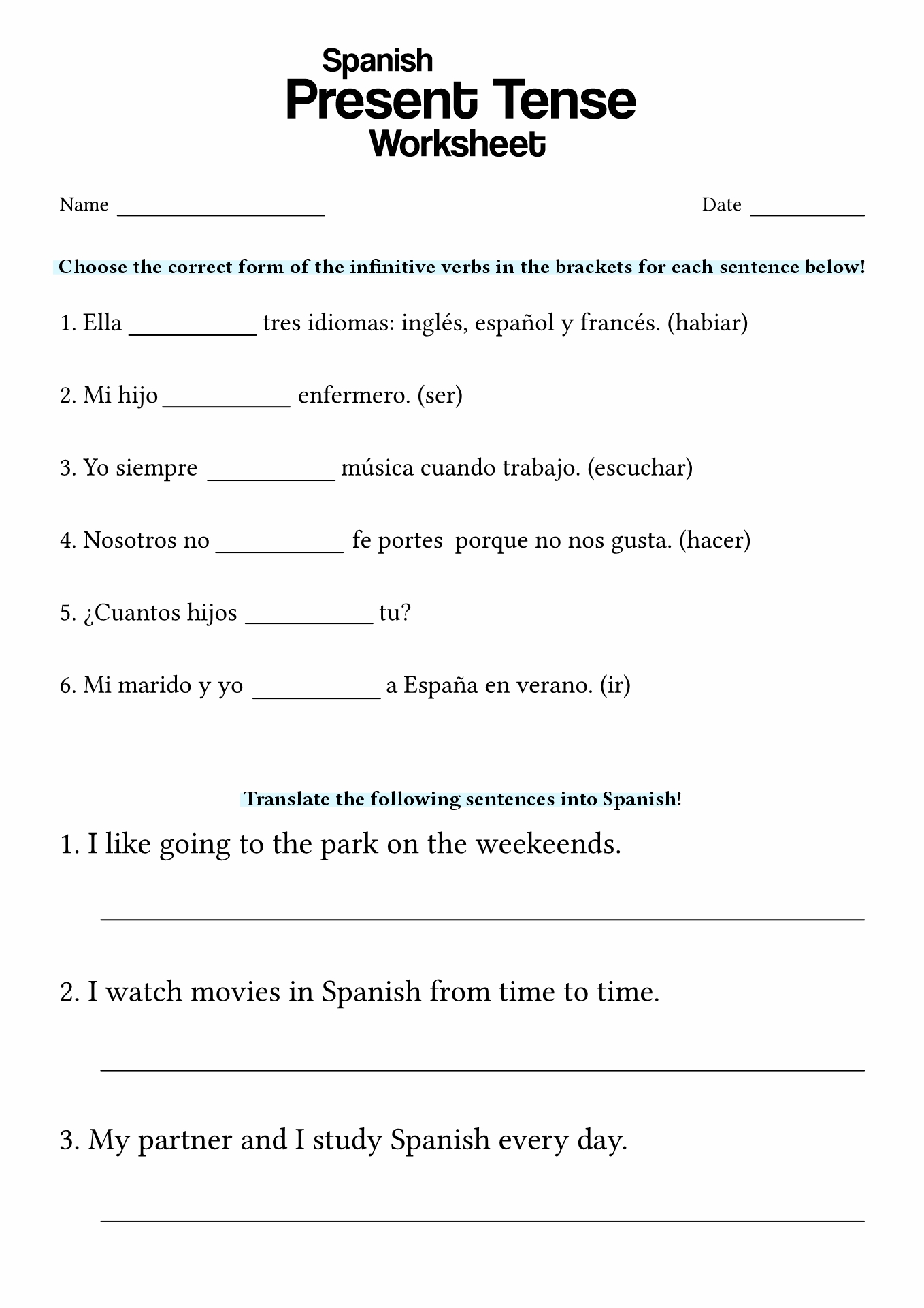 Spanish Verb Tense Worksheets