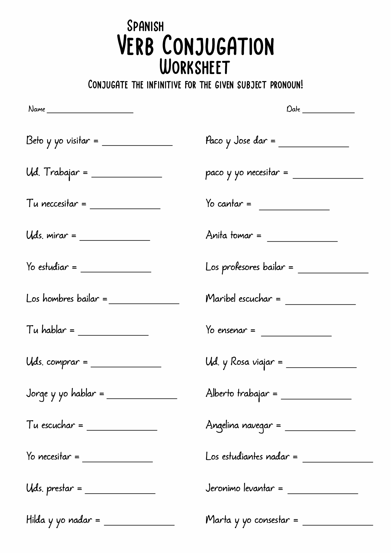 Easy Spanish Verbs Worksheet