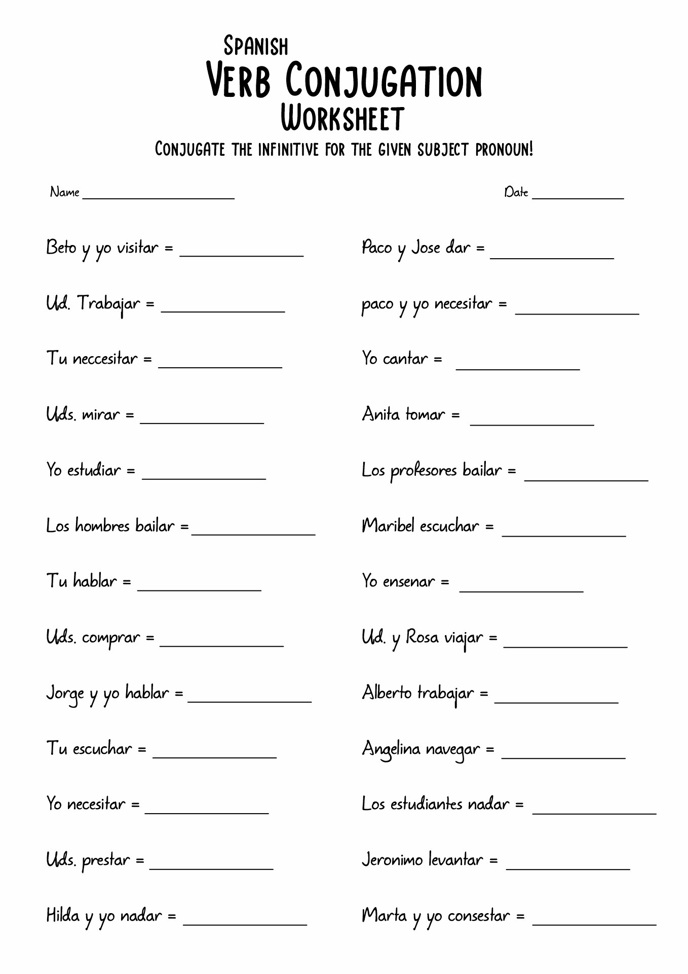 Free Printable Spanish Verb Conjugation Worksheets