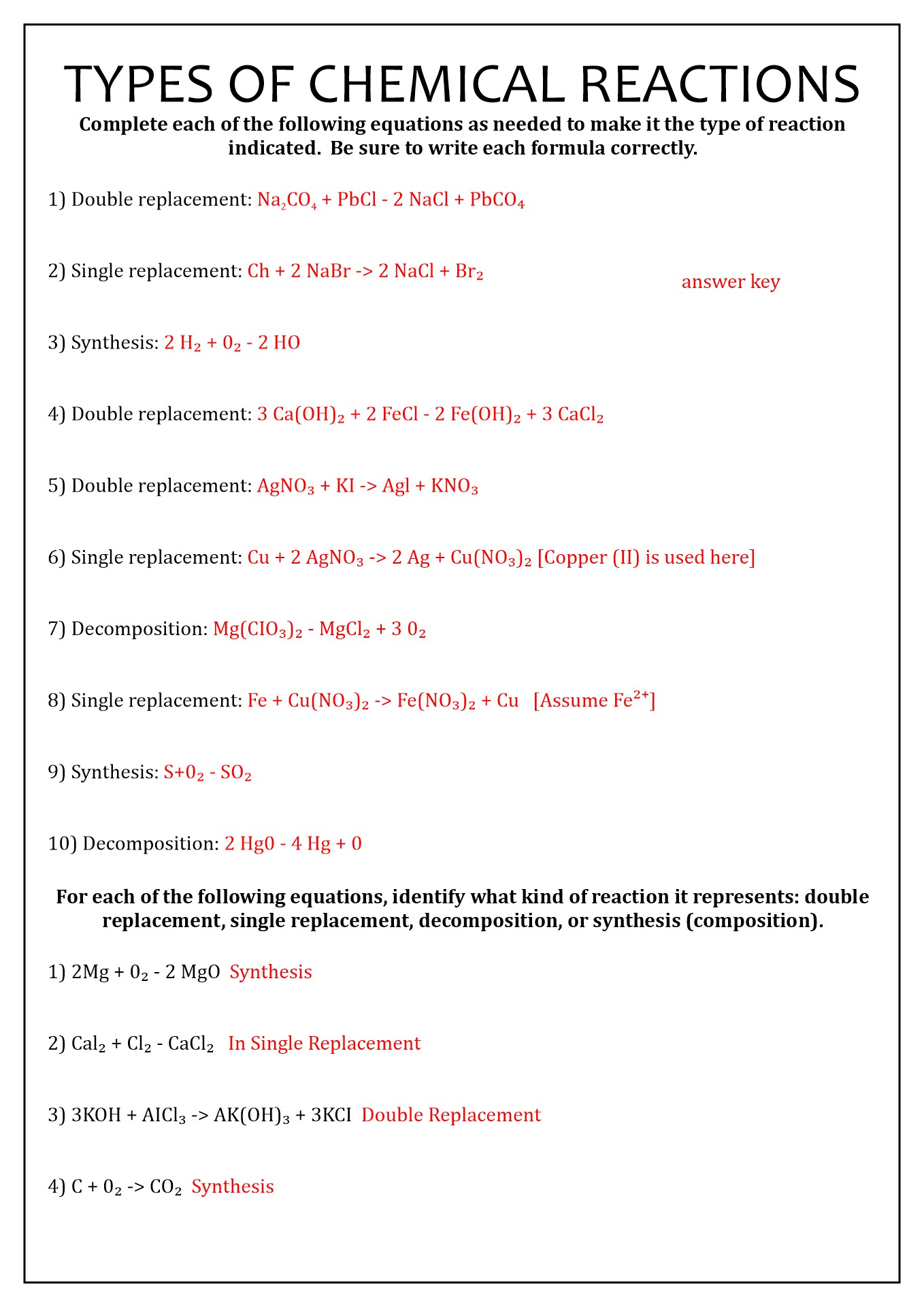 16 Best Images of Types Chemical Reactions Worksheets Answers  Types of Chemical Reactions 