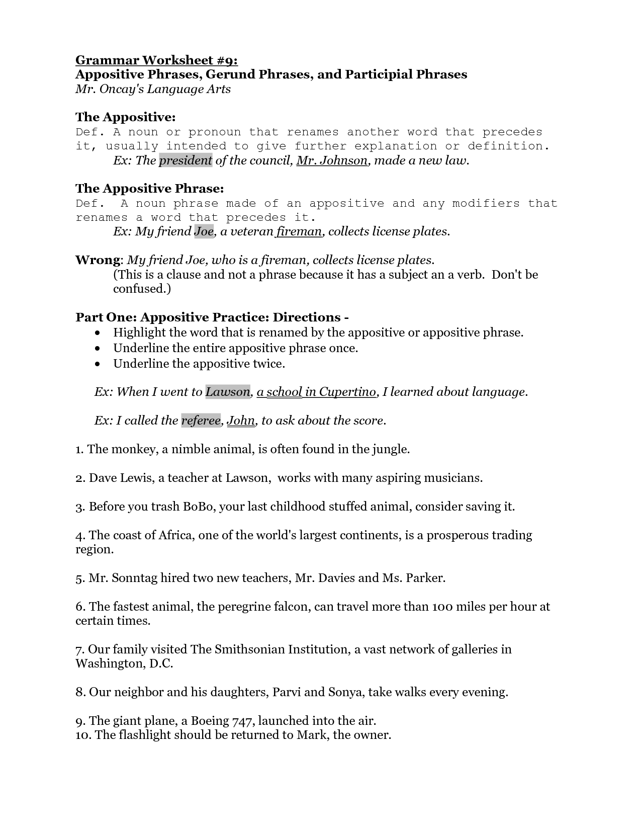 Infinitive And Participle Phrases Worksheet