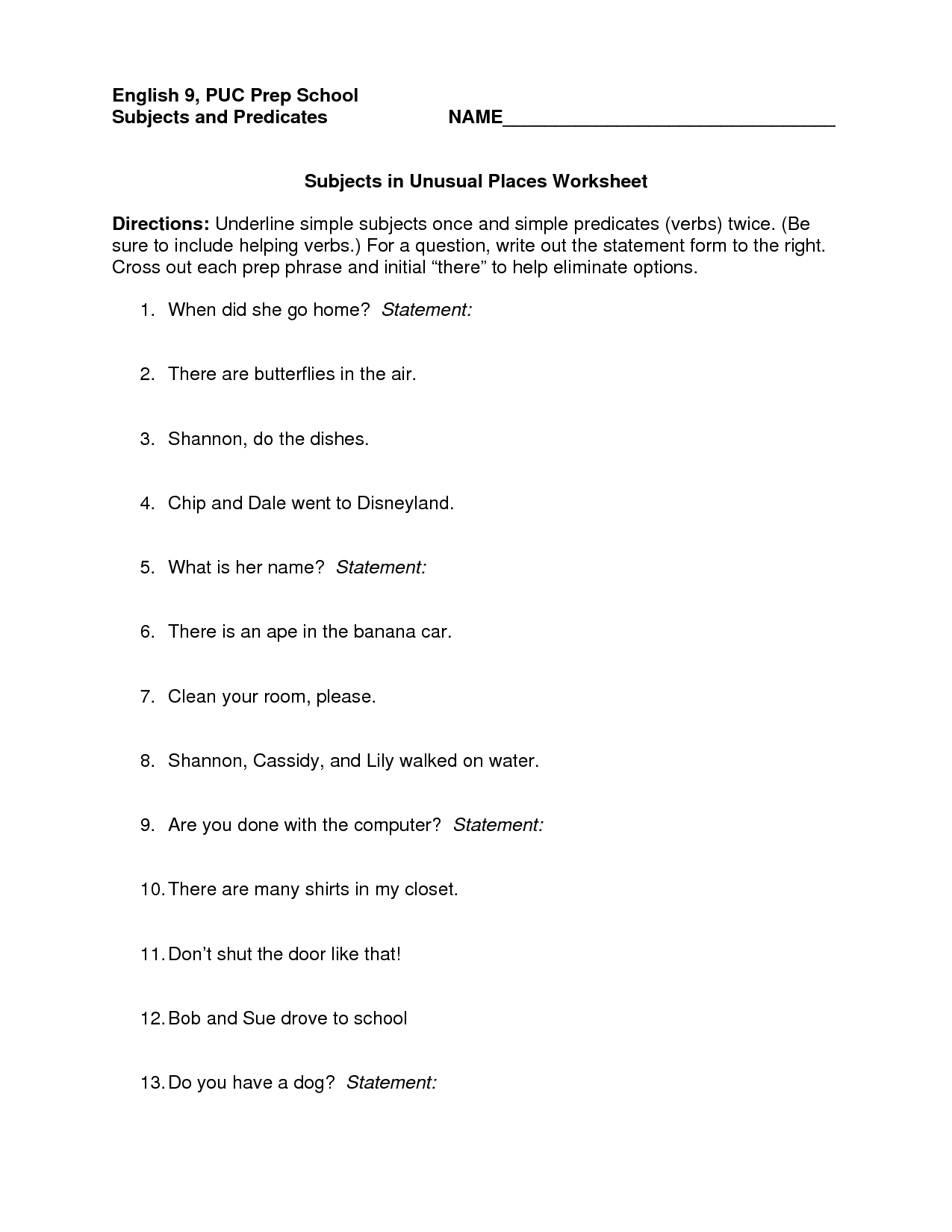 Subject And Predicate Worksheet