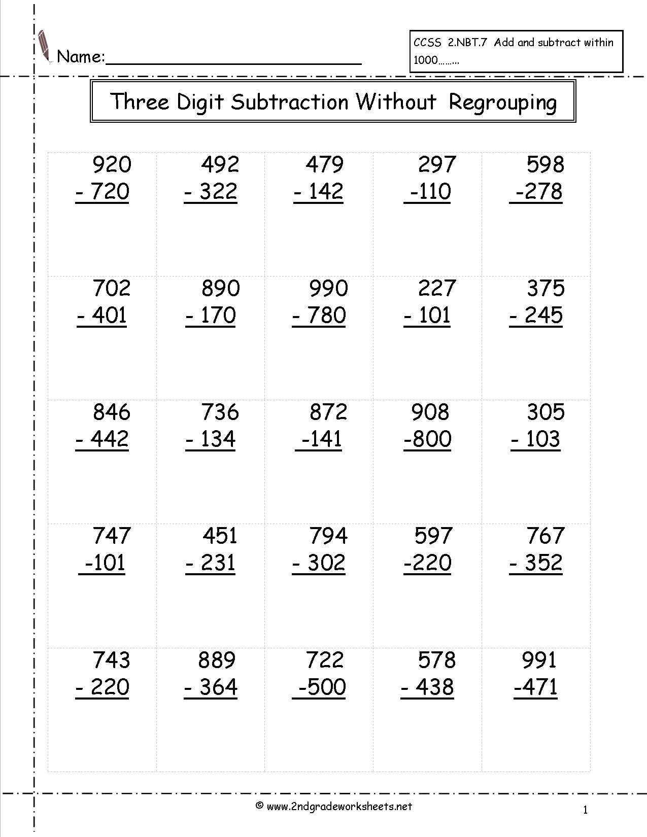 3 Digit Regrouping Subtraction Worksheets