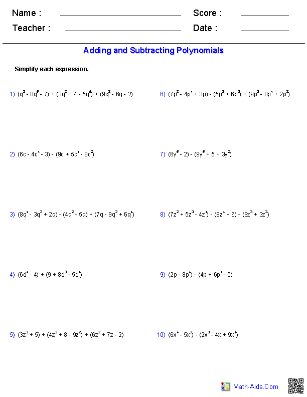 Adding And Subtracting Polynomials Worksheet Answers