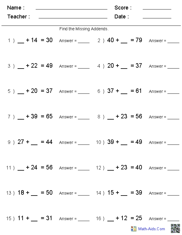 Addition with Missing Addends Worksheets