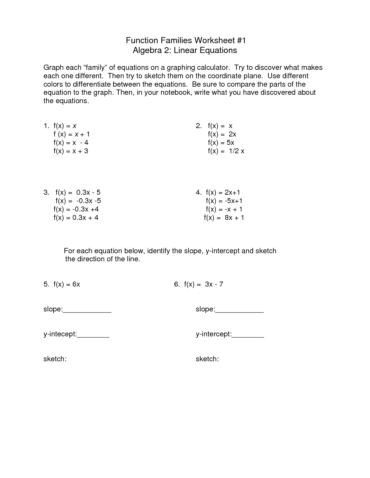 Algebra 1 Function Notation Worksheet