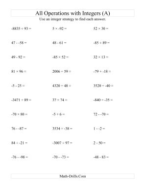 All Operations with Integers Worksheet