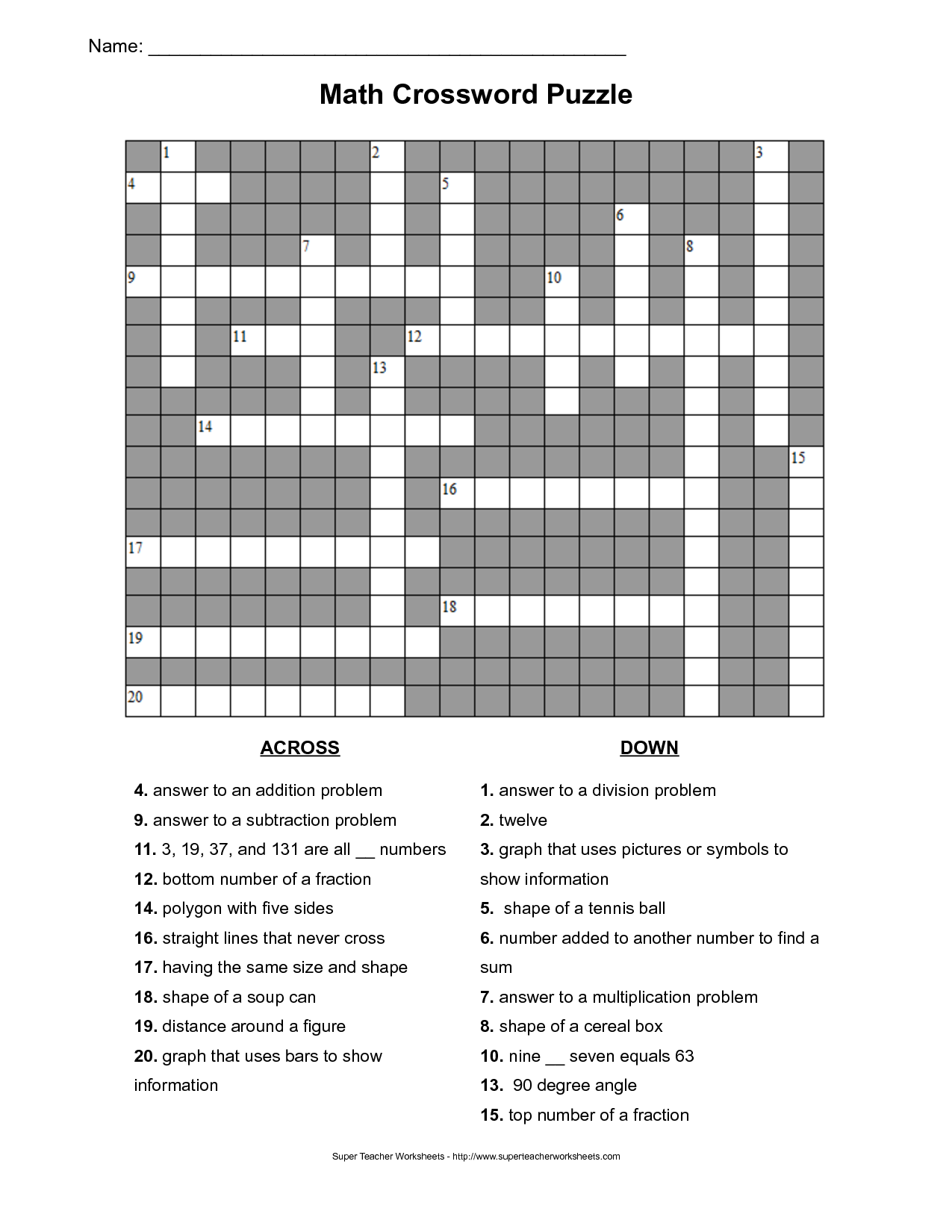 Math Crossword Puzzles - Medium Puzzle Five - Free Puzzles