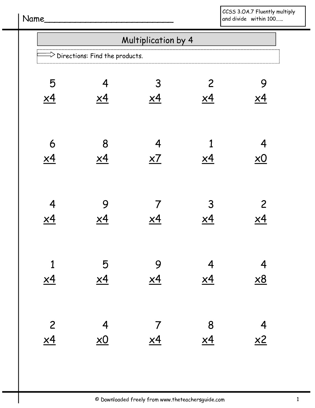 Multiplication by 4 Worksheet