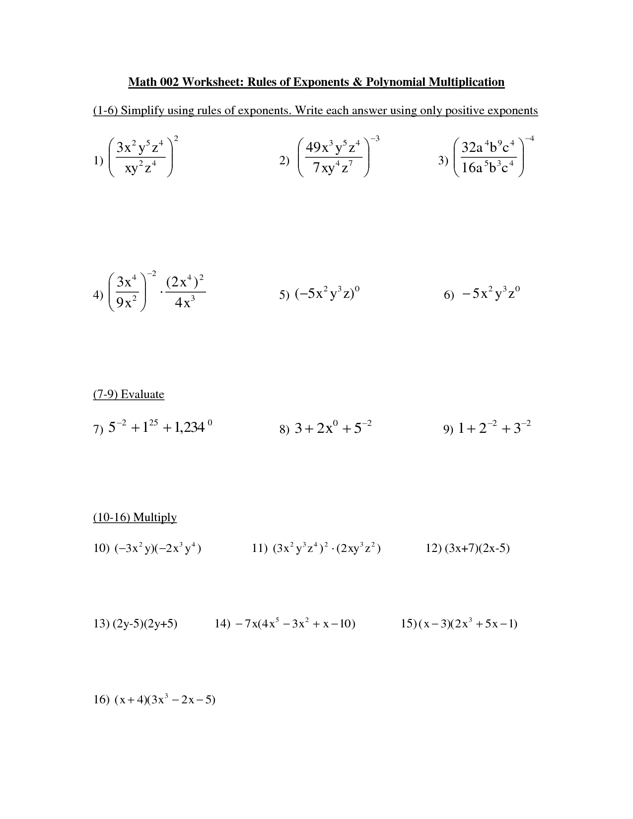 Problem Multiplication With Exponents Worksheet