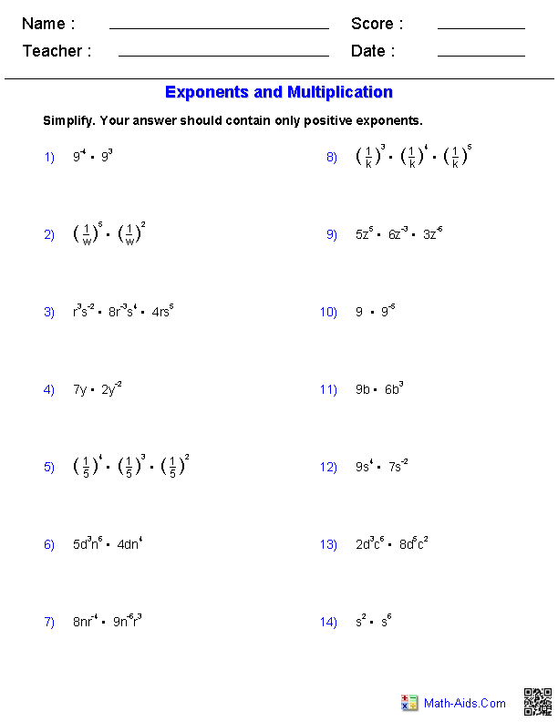 Exponent Rules Review Multiplication Worksheet Part 1 Simplify Each Expression