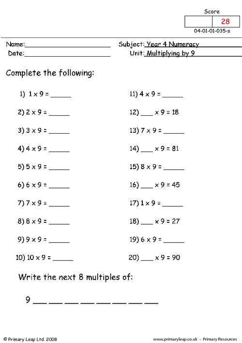 Multiplying by 9 Worksheets