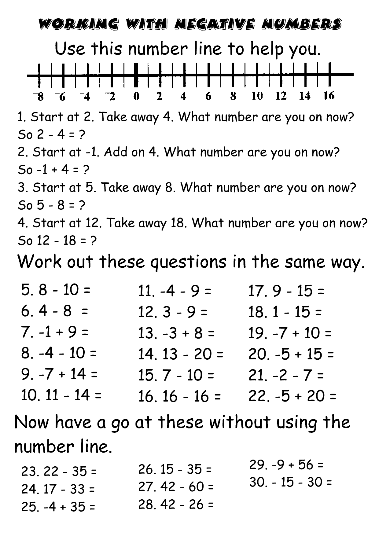 Adding Positive And Negative Numbers With Number Line Worksheet