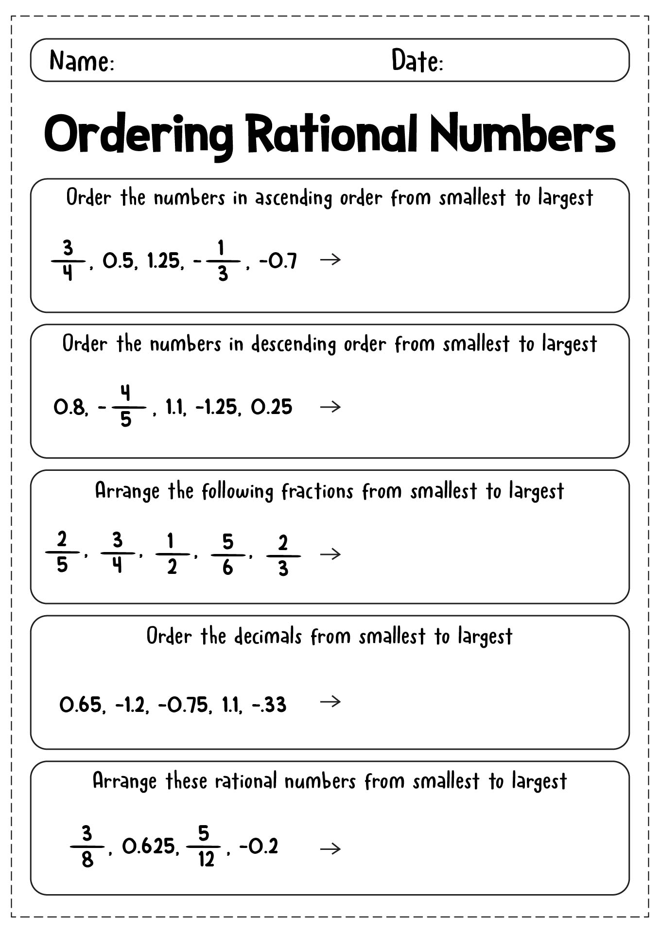 Sorting Rational Numbers Worksheet