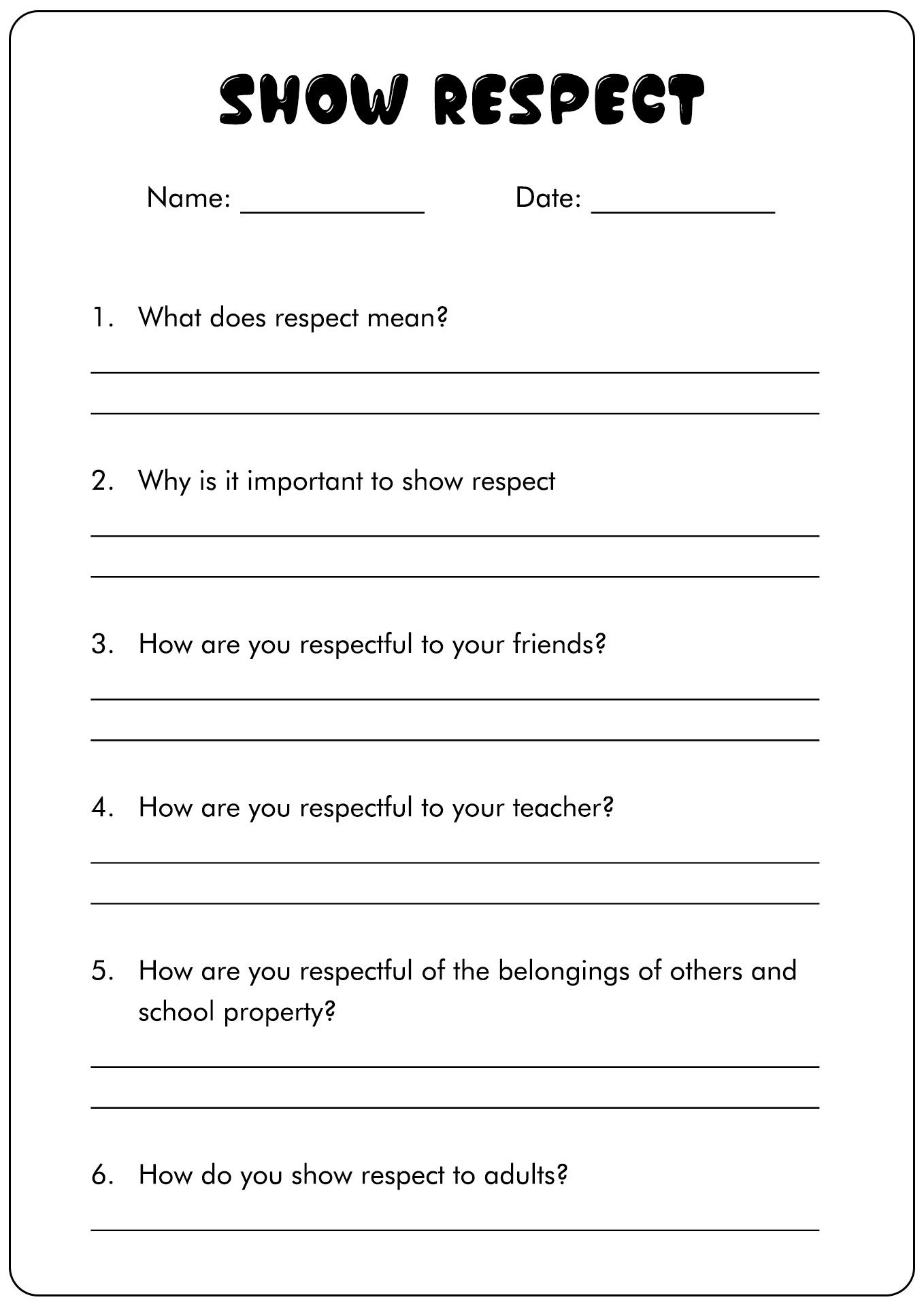 Free Printable Respect Worksheets Pdf