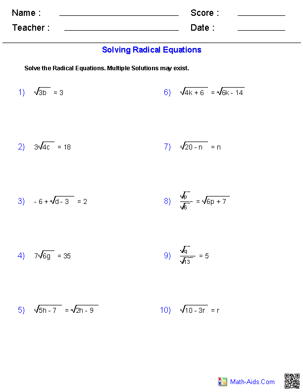 Dividing Radical Expressions Worksheet