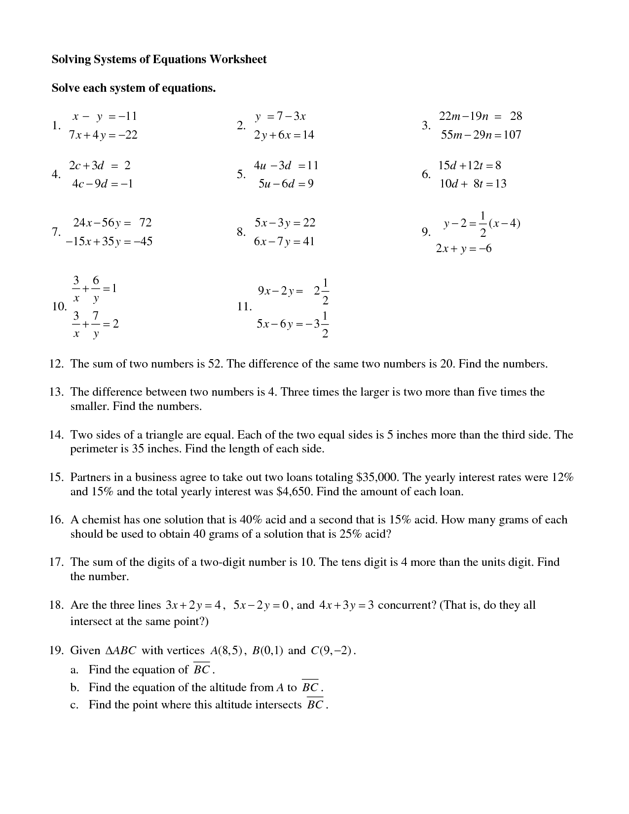 Systems Of Equations Elimination Worksheet