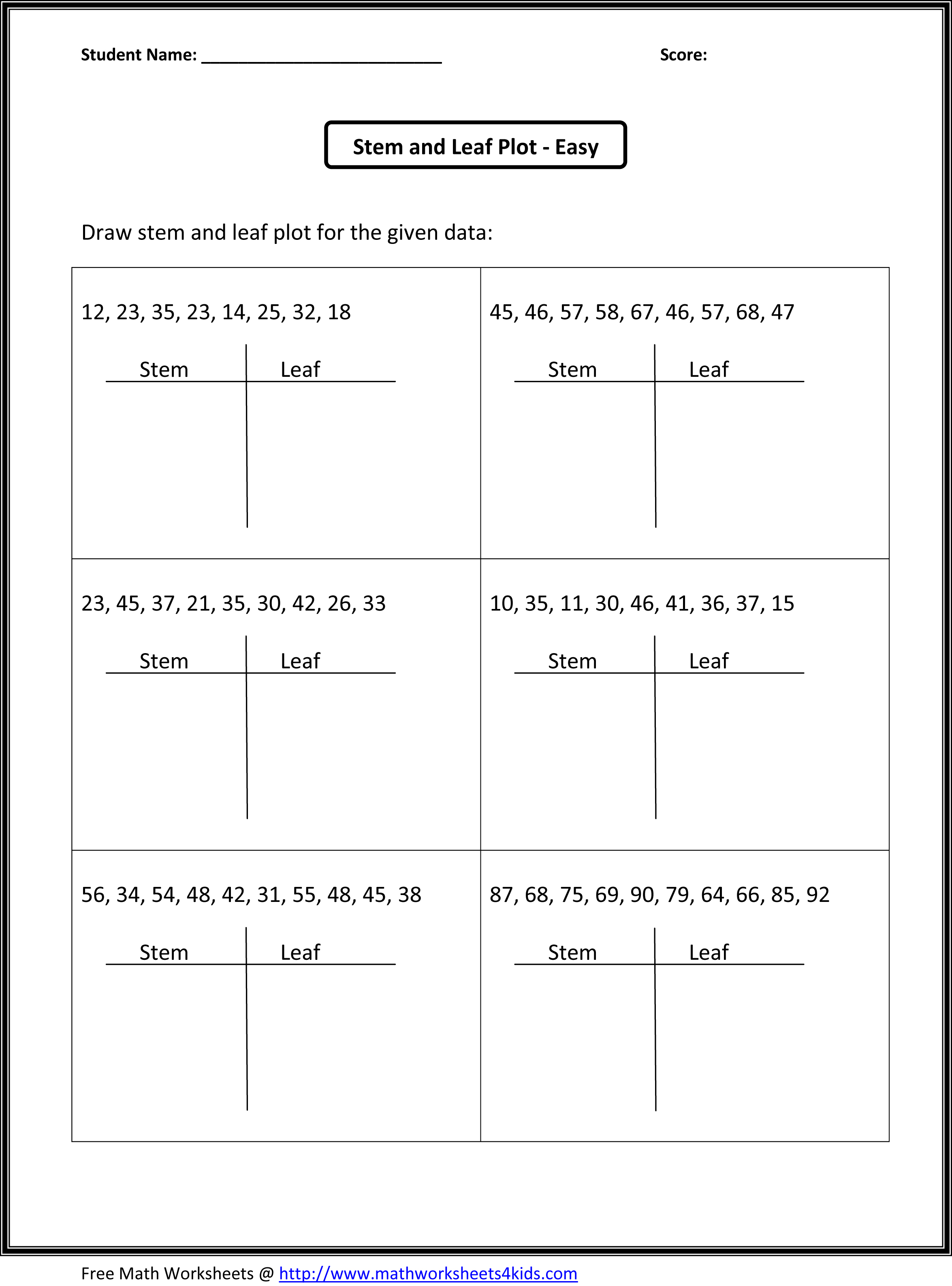 Stem and Leaf Plot Worksheets 6th Grade